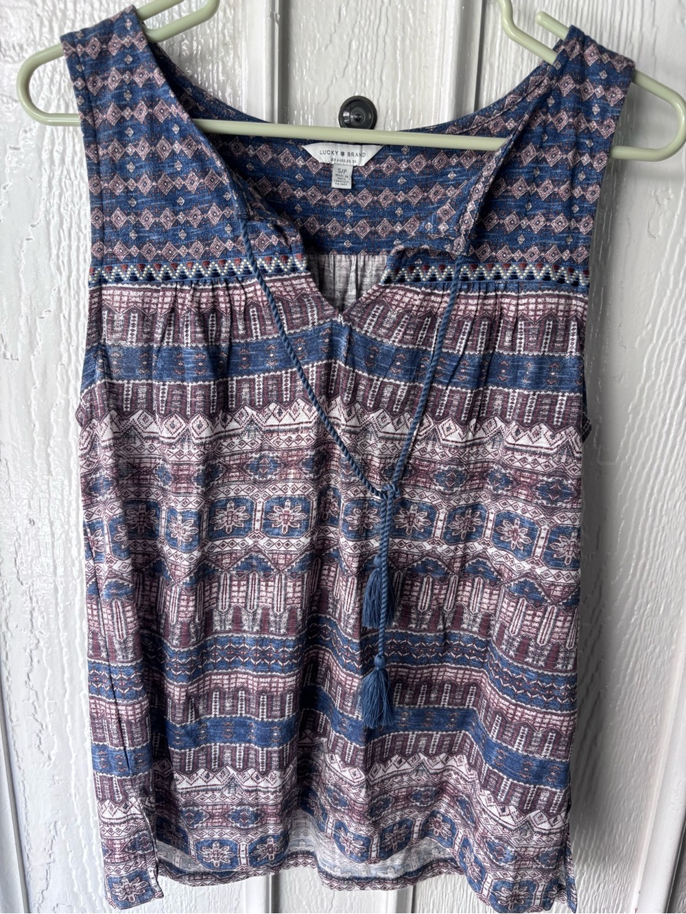 Lucky Brand Blue and Rust Geometric Sleeveless Blouse